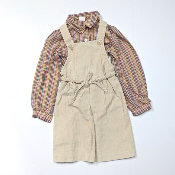 Vintage Alyssa Dress Girls Sz 4T Beige Corduroy Jumper Skirtall Outfit 80s Plaid - Picture 1 of 5